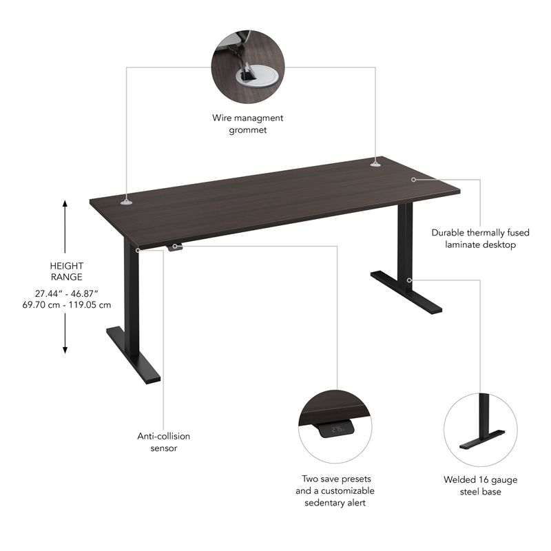 Pemberly Row 72W Adjustable Standing Desk in Storm Gray - Engineered Wood