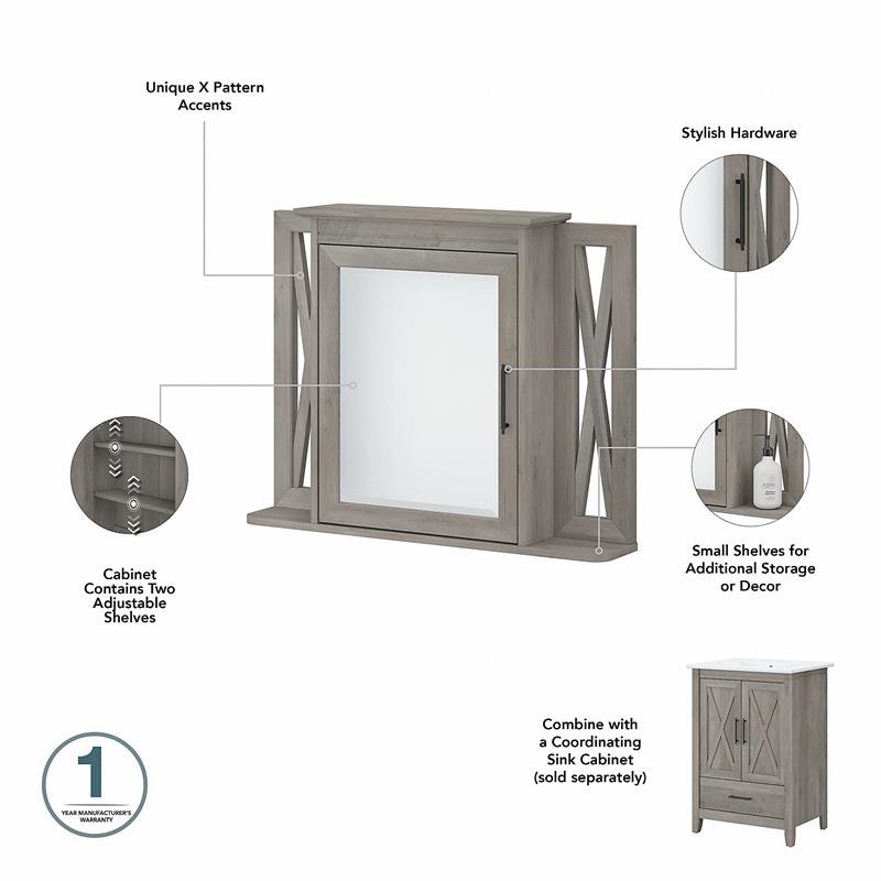 Pemberly Row Bathroom Medicine Cabinet with Mirror in Gray - Engineered Wood