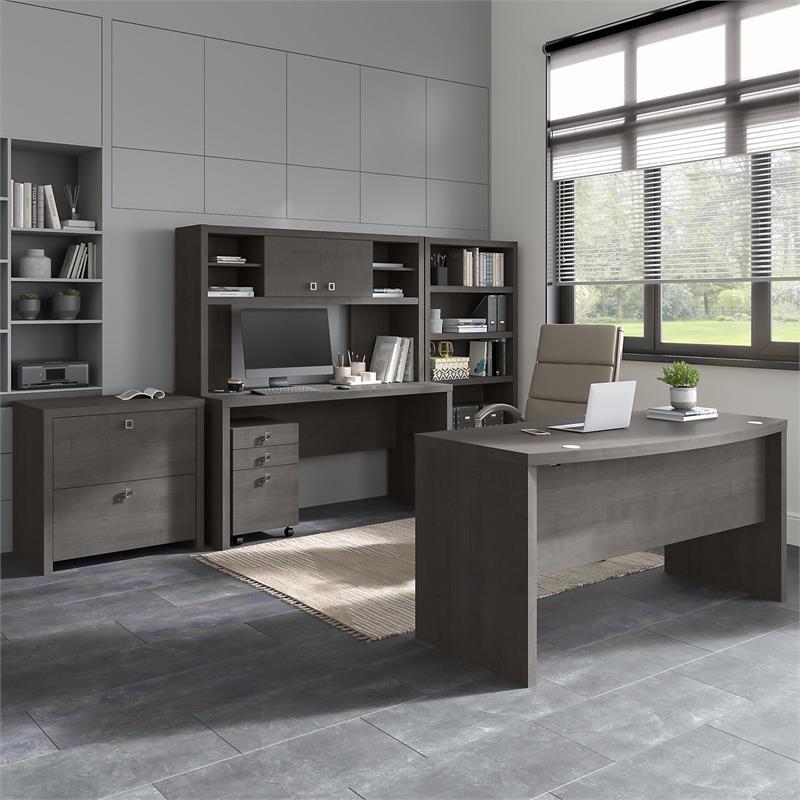 Pemberly Row 60W Credenza Desk in Charcoal Maple - Engineered Wood