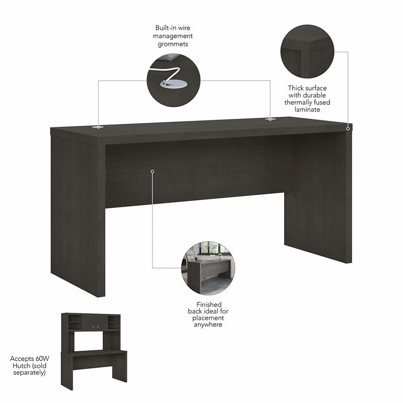 Pemberly Row 60W Credenza Desk in Charcoal Maple - Engineered Wood