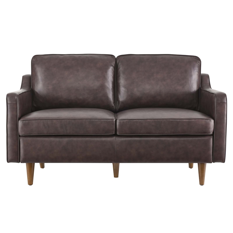 Pemberly Row Modern Cushion Back Genuine Leather Upholstered Loveseat in Brown