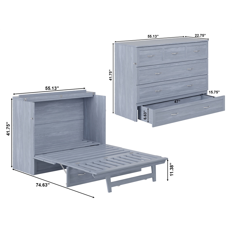 Pemberly Row Full Solid Wood Modern Murphy Bed Chest with Mattress in Driftwood