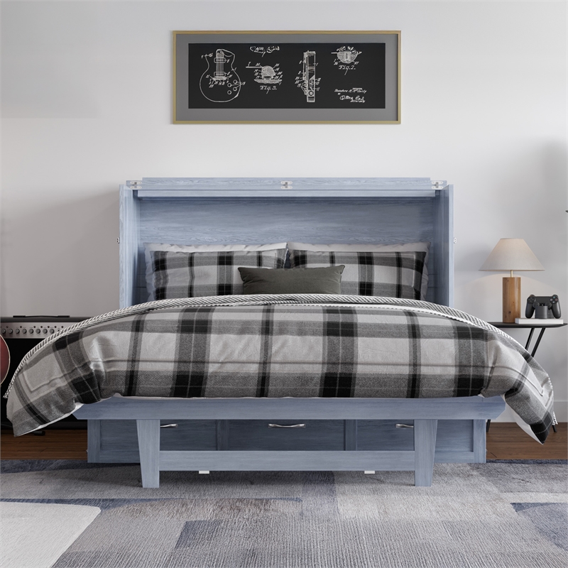 Pemberly Row Full Solid Wood Modern Murphy Bed Chest with Mattress in Driftwood