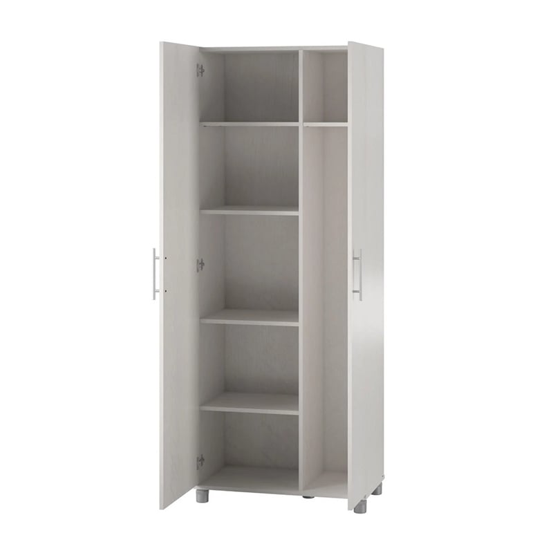 Pemberly Row Contemporary Tall Asymmetrical Cabinet in Ivory Oak