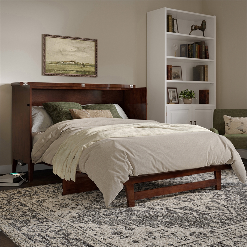 Pemberly Row Queen Wood Murphy Bed Chest w/ Mattress & Built-in Charger - Walnut