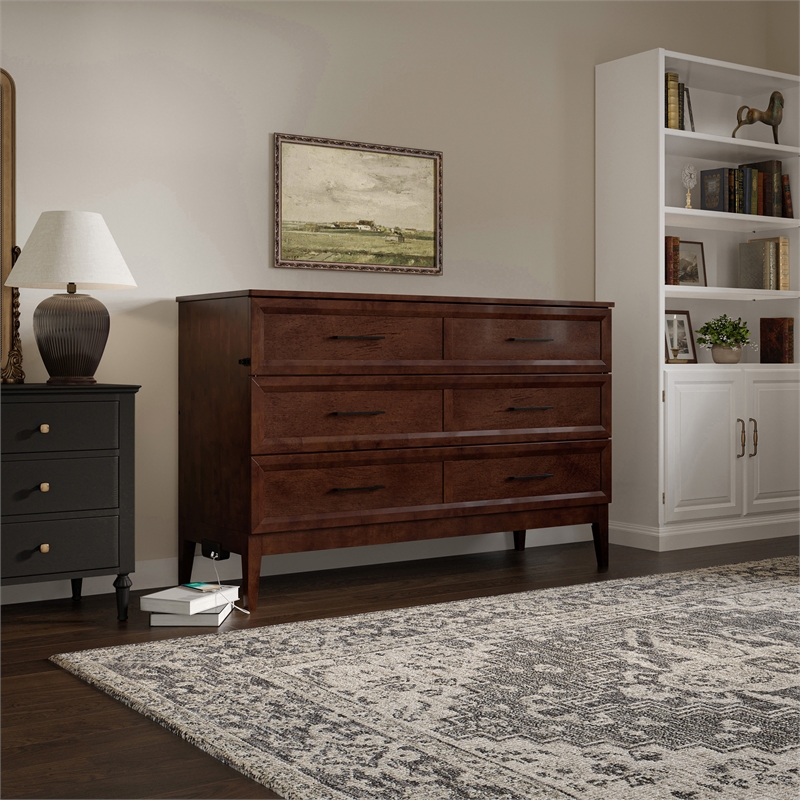 Pemberly Row Queen Wood Murphy Bed Chest w/ Mattress & Built-in Charger - Walnut