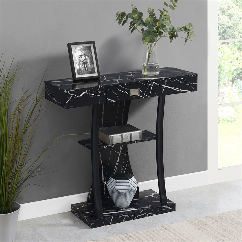 Pemberly Row One-Drawer Harri Console Table w/ Shelves - Black Faux Marble Wood