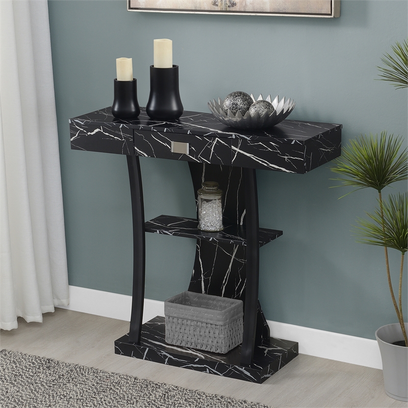 Pemberly Row One-Drawer Harri Console Table w/ Shelves - Black Faux Marble Wood