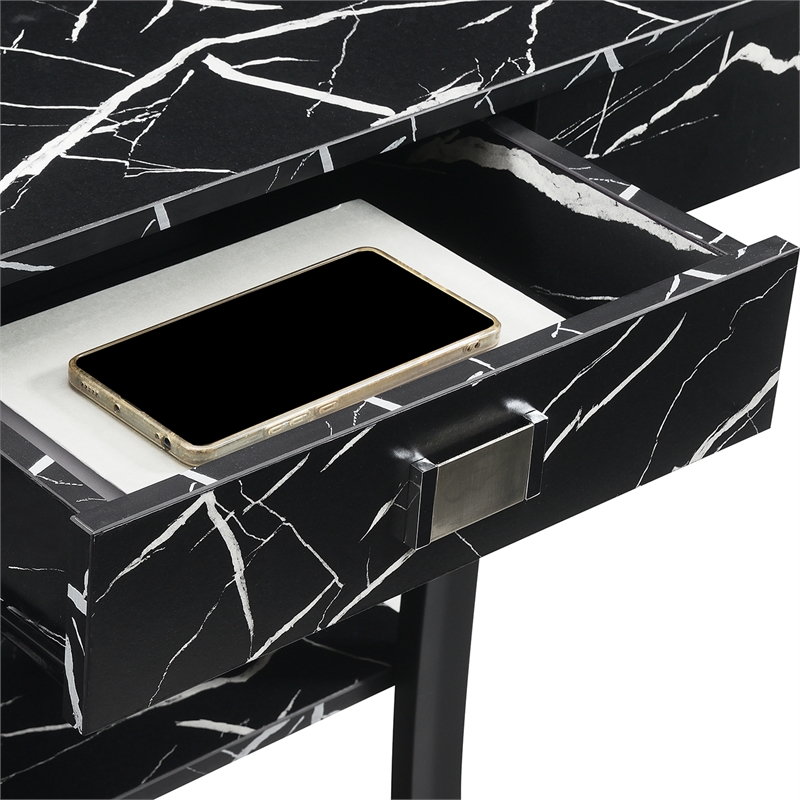 Pemberly Row One-Drawer Harri Console Table w/ Shelves - Black Faux Marble Wood