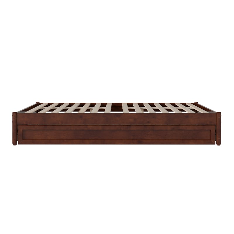 Pemberly Row Queen Solid Wood Panel Platform Bed with Twin XL Trundle in Walnut
