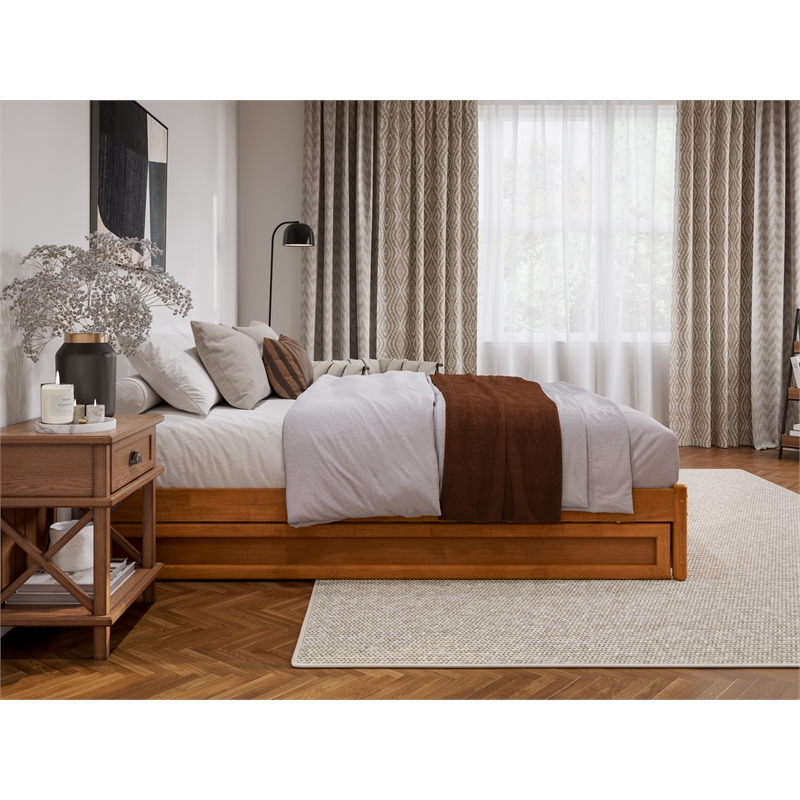 Pemberly Row Queen Wood Panel Platform Bed with Twin XL Trundle in Light Toffee