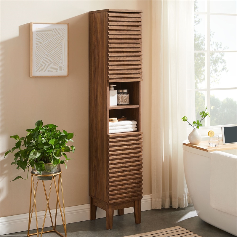 Pemberly Row Modern Tall Narrow Bathroom Storage Cabinet in Walnut