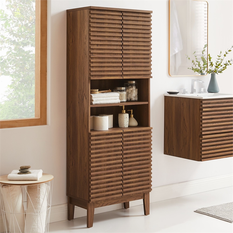 Pemberley Row Particleboard Walnut Tall Bathroom Storage Cabinet Rectangular Adjustable Shelves Unassembled