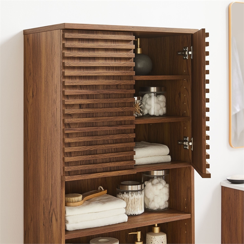 Pemberley Row Particleboard Walnut Tall Bathroom Storage Cabinet Rectangular Adjustable Shelves Unassembled