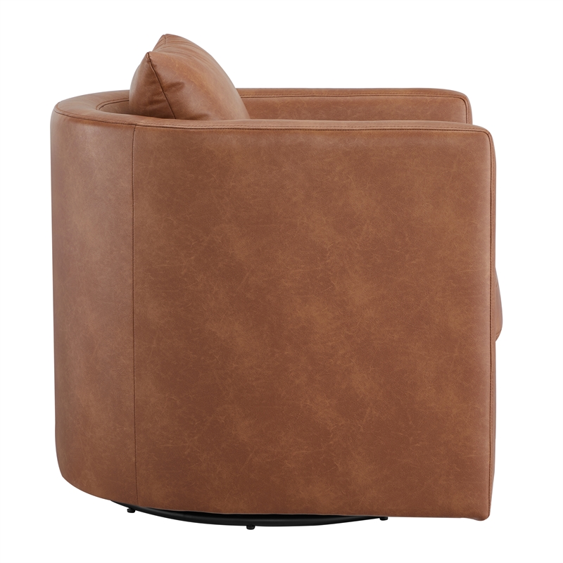 Pemberly Row Modern Saddle Brown Faux Leather Swivel Barrel Chair