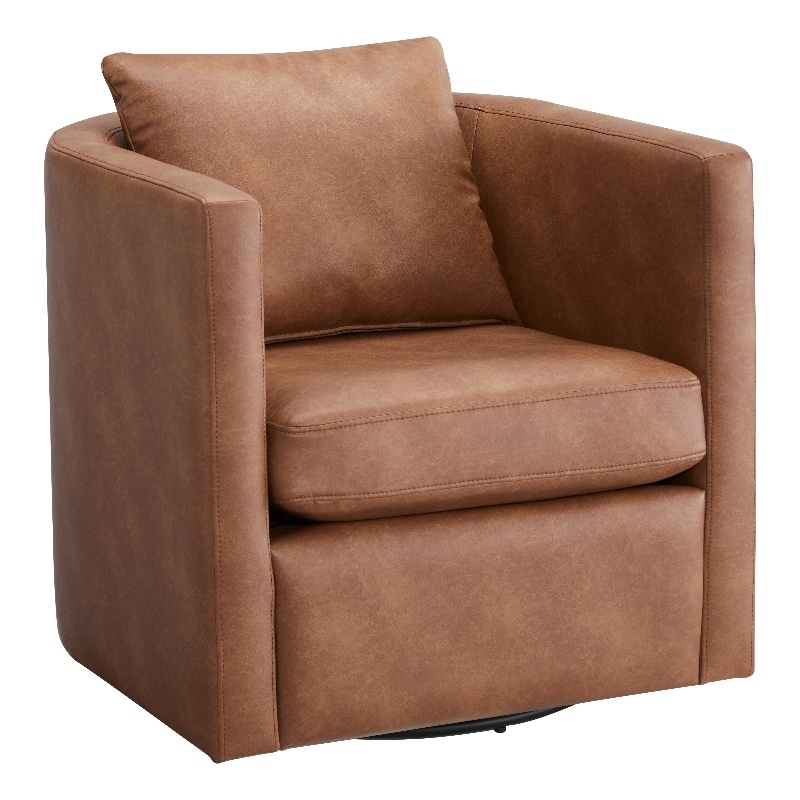 Pemberly Row Modern Saddle Brown Faux Leather Swivel Barrel Chair