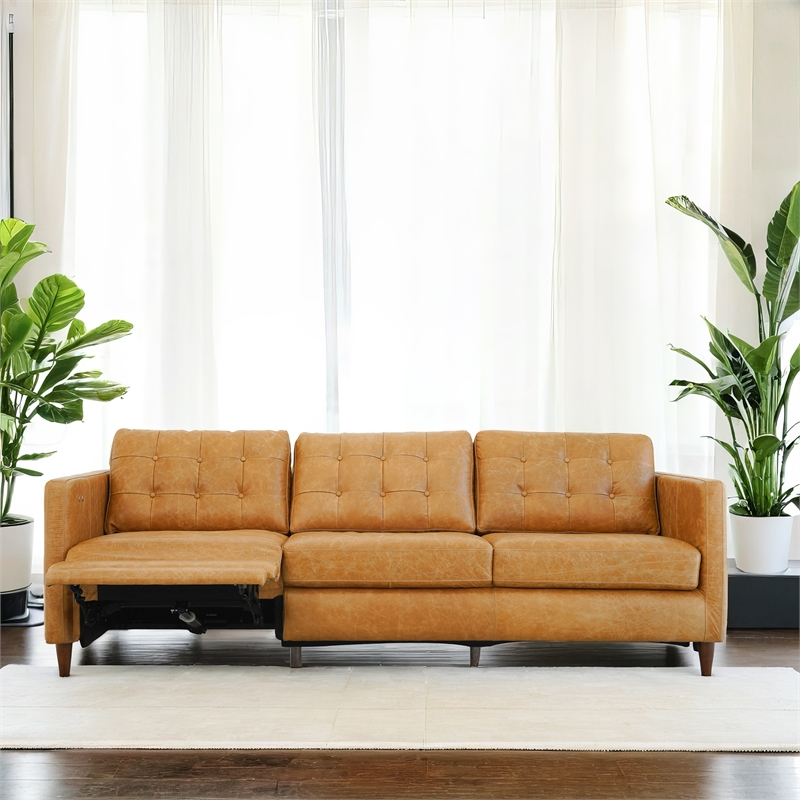 Pemberly Row Mid-Century Genuine Leather Left-Facing Power Inclining Sofa in Tan