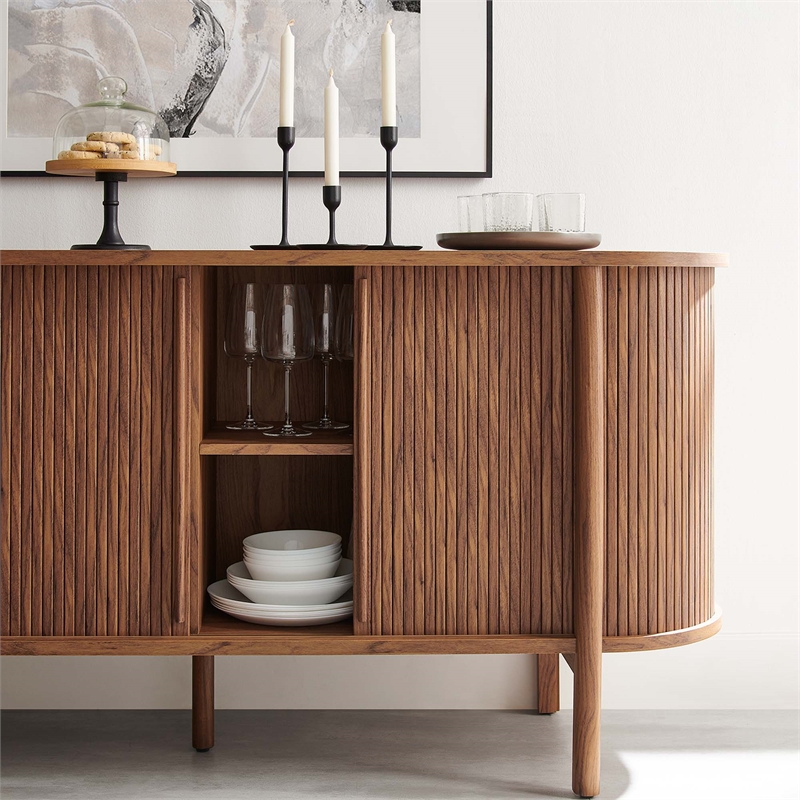 Pemberley Row Wood Walnut Sideboard Curved Fluted Sliding Doors 63