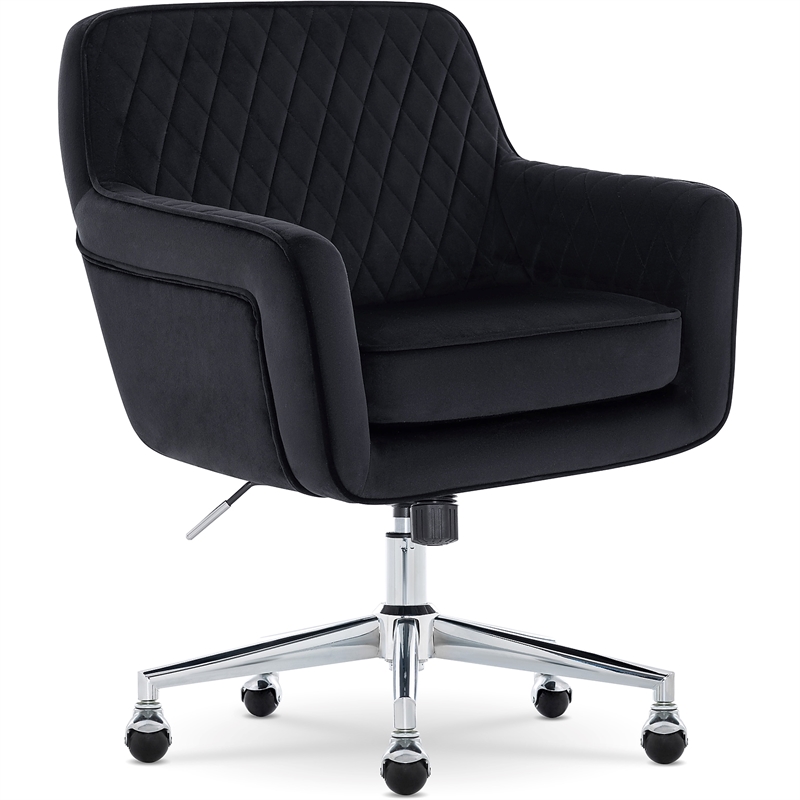 Pemberly Row Modern Office Chair Diamond-Tufted Design Black Velvet Fabric