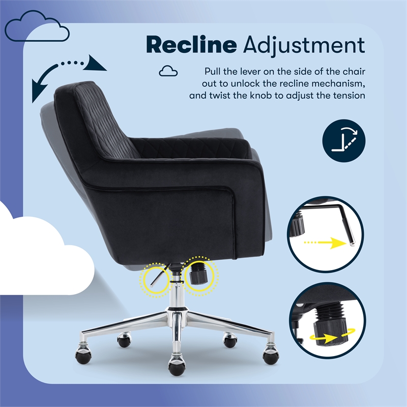Pemberly Row Modern Office Chair Diamond-Tufted Design Black Velvet Fabric