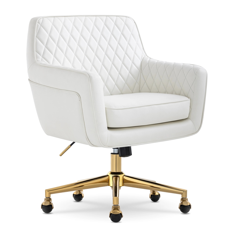 Pemberly Row Modern Office Chair Diamond-Tufted Design White Bonded Leather