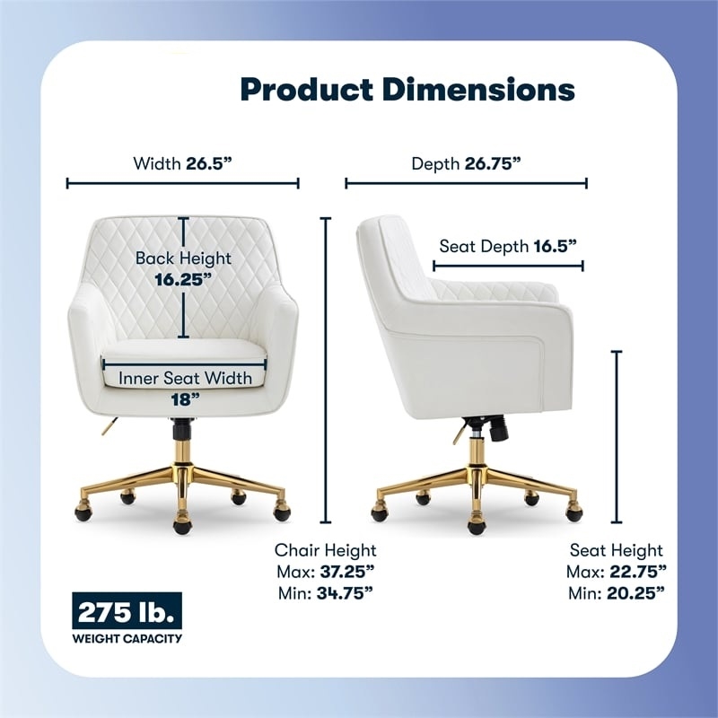 Pemberly Row Modern Office Chair Diamond-Tufted Design White Bonded Leather