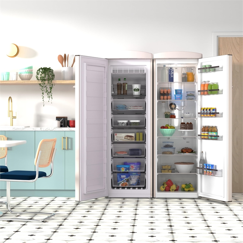 Pemberly Row Contemporary Retro Refrigerator-Freezer Set in Cream
