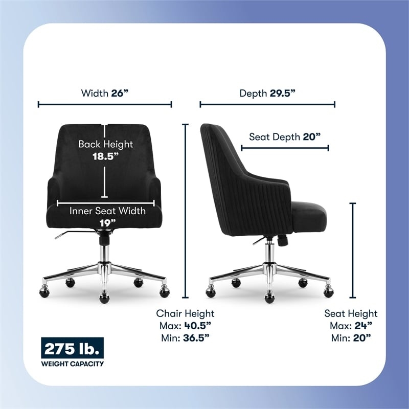 Pemberly Row Modern MidBack Office Chair Velvet Fabric Silver Metal Base Black