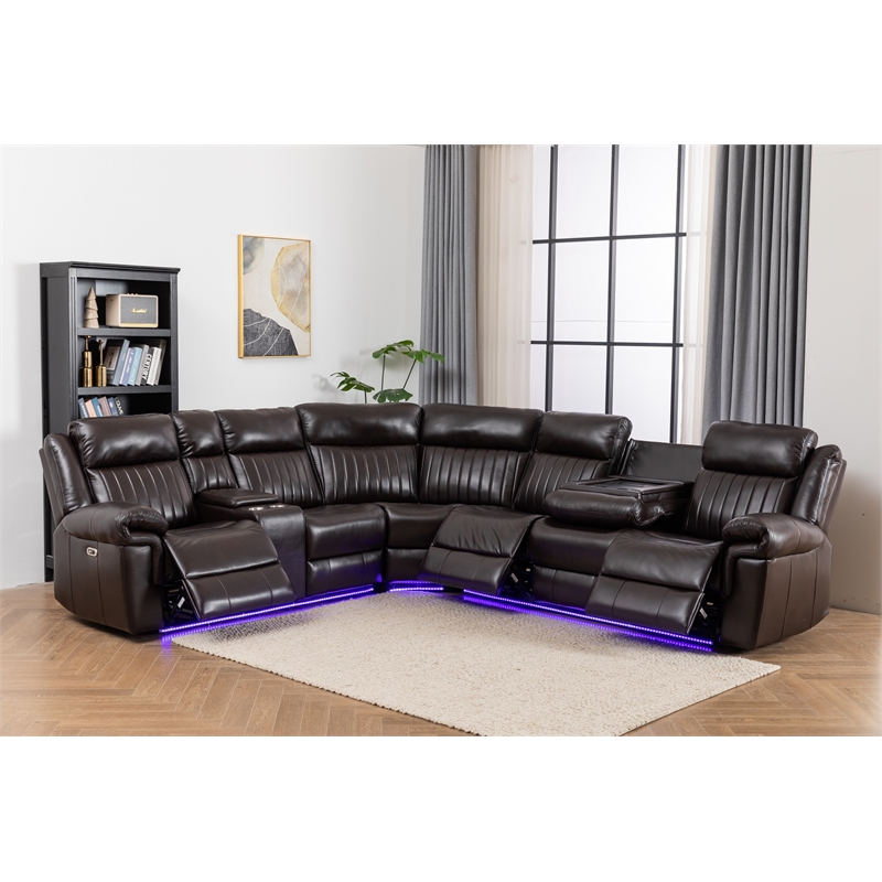 Pemberly Row Faux Leather Sectional w/ LED USB Speaker Wireless Charger - Brown