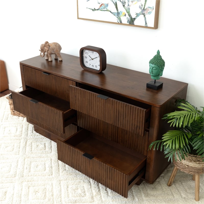 Pemberly Row Mid-Century Modern Solid Wood Walnut Dresser with 6 Drawers