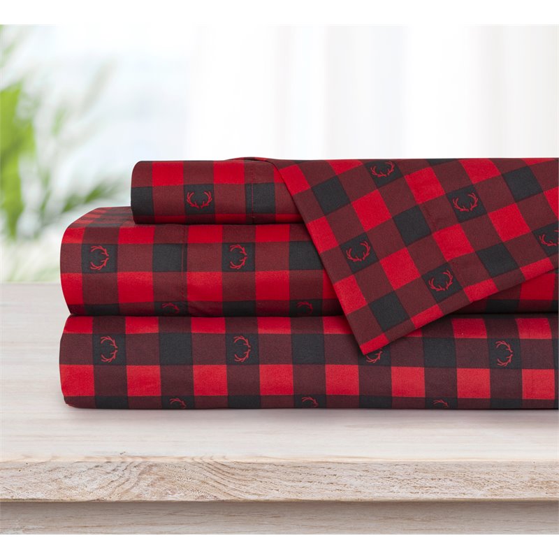 Pemberly Row 4-piece Polyester Buffalo Plaid Deer King Sheet Set in Red