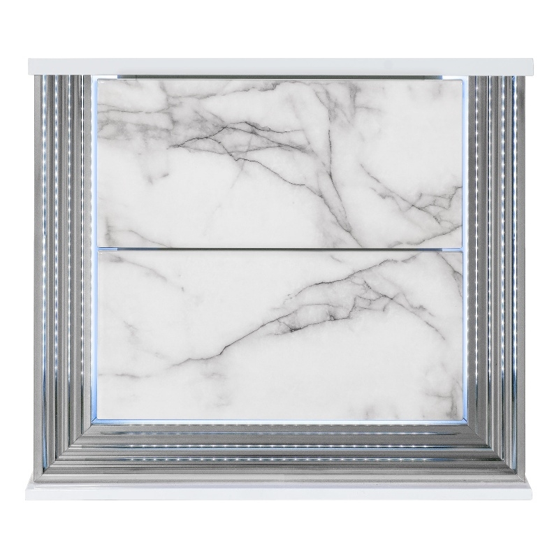 Pemberly Row White High Gloss Marble 2-Drawer Nightstand With LED
