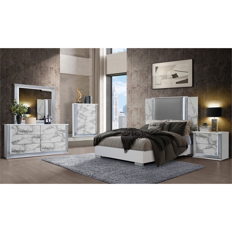 Pemberly Row White High Gloss Marble 2-Drawer Nightstand With LED