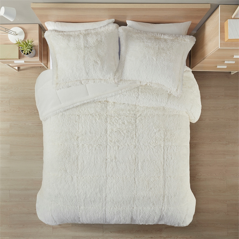 Pemberly Row Modern Shaggy Faux Fur Comforter Mini Set in Ivory