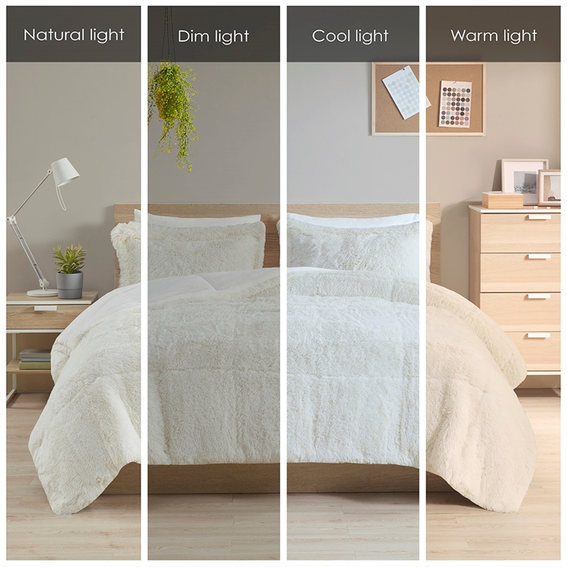 Pemberly Row Modern Shaggy Faux Fur Comforter Mini Set in Ivory