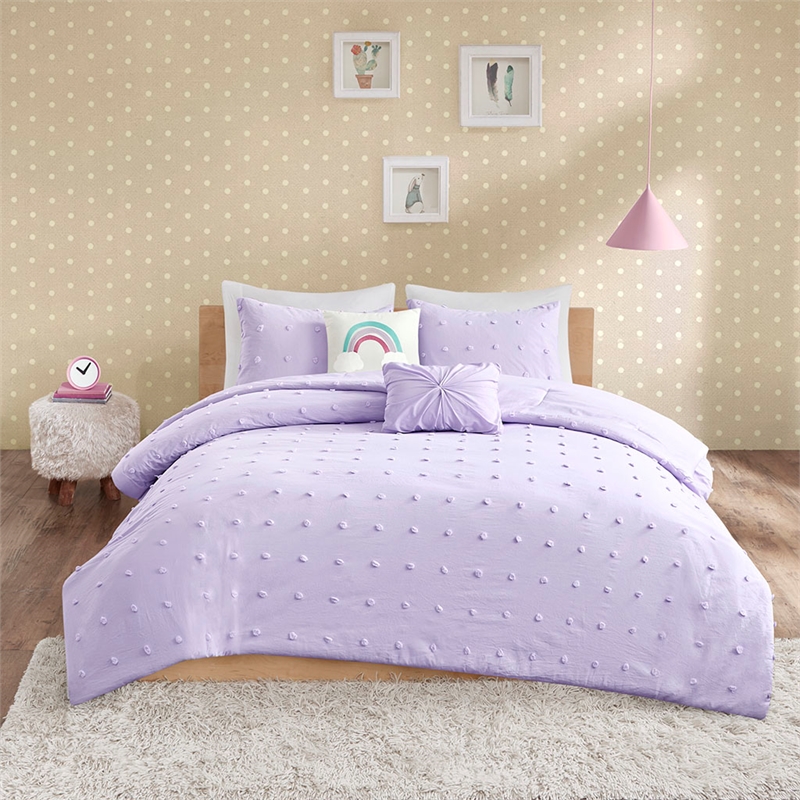 Pemberly Row Cotton Jacquard Pom Pom Comforter Set in Lavender