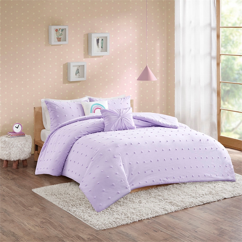 Pemberly Row Cotton Jacquard Pom Pom Comforter Set in Lavender