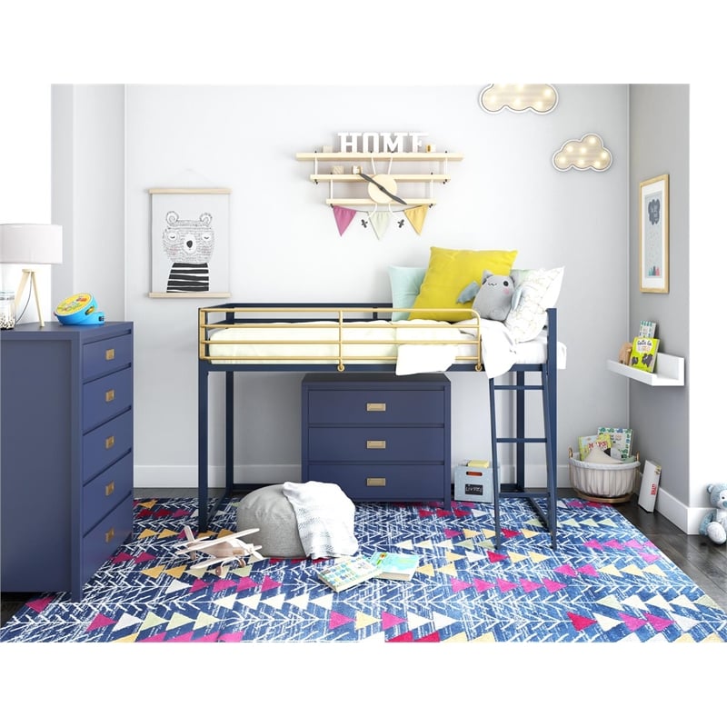 Pemberly Row Contemporary Twin Metal Junior Loft Bed in Navy