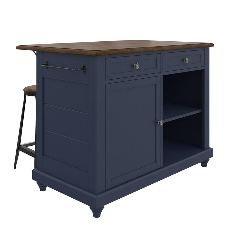 Pemberly Row Contemporary Kitchen Island with 2 Stools in Blue