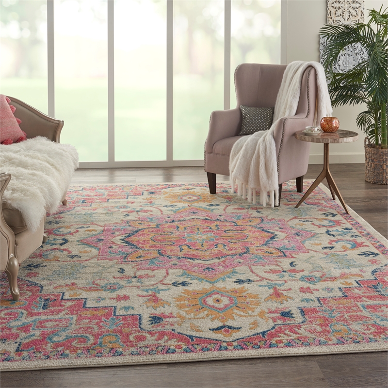 Pemberly Row 8' x 10' Ivory Pink Fabric Bohemian Area Rug (8' x 10')