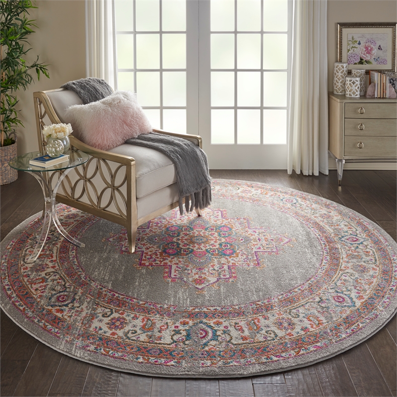 Pemberly Row 8' x Round Gray Fabric Bohemian Area Rug (8' Round)
