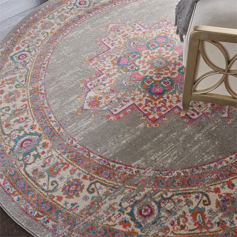Pemberly Row 8' x Round Gray Fabric Bohemian Area Rug (8' Round)