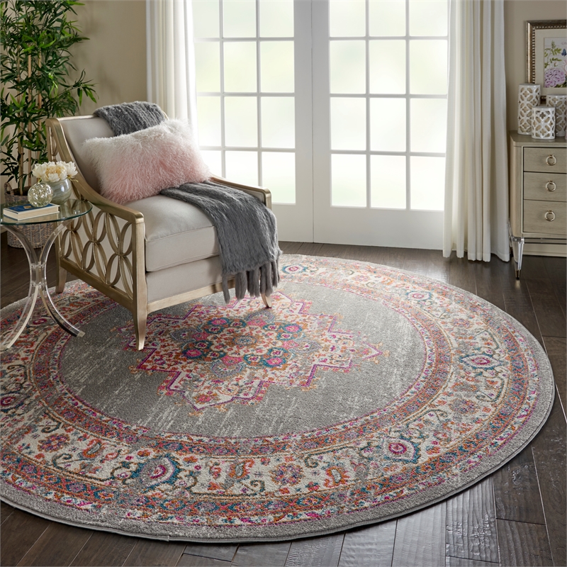 Pemberly Row 8' x Round Gray Fabric Bohemian Area Rug (8' Round)