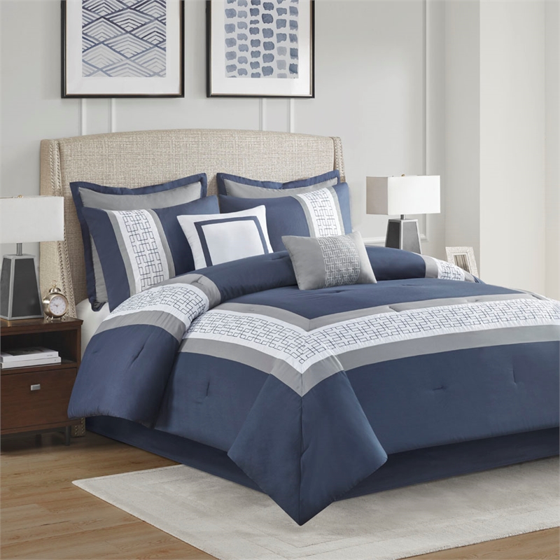 Pemberly Row 8-Piece Modern Fabric Embroidered Comforter Set in Navy Finish