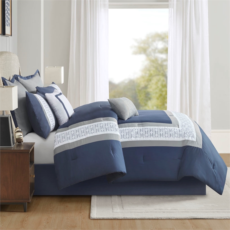 Pemberly Row 8-Piece Modern Fabric Embroidered Comforter Set in Navy Finish