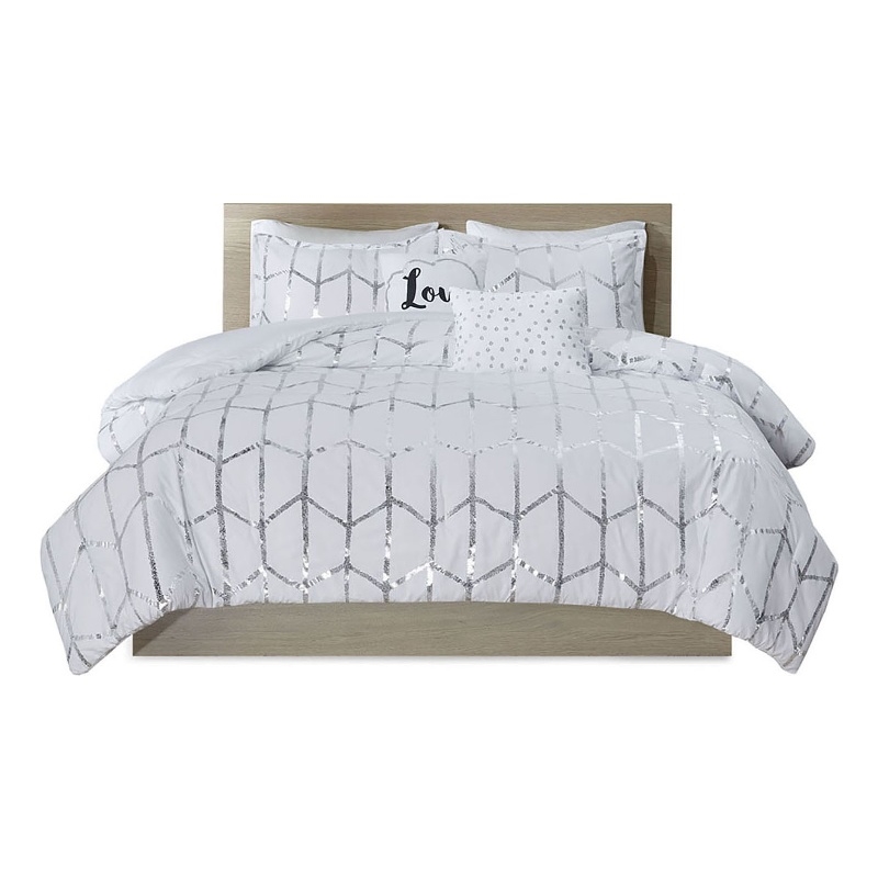 Pemberly Row Fabric Metallic Printed Comforter Set in White/Silver