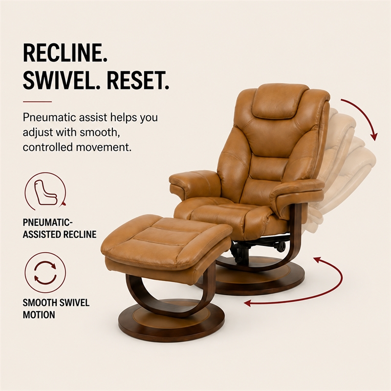 pemberly row leather manual reclining swivel chair and ottoman in brown