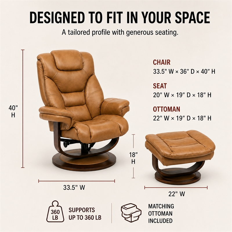 pemberly row leather manual reclining swivel chair and ottoman in brown