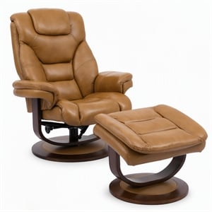 Pemberly Row Leather Manual Reclining Swivel Chair and Ottoman in Brown