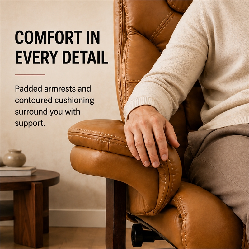 pemberly row leather manual reclining swivel chair and ottoman in brown